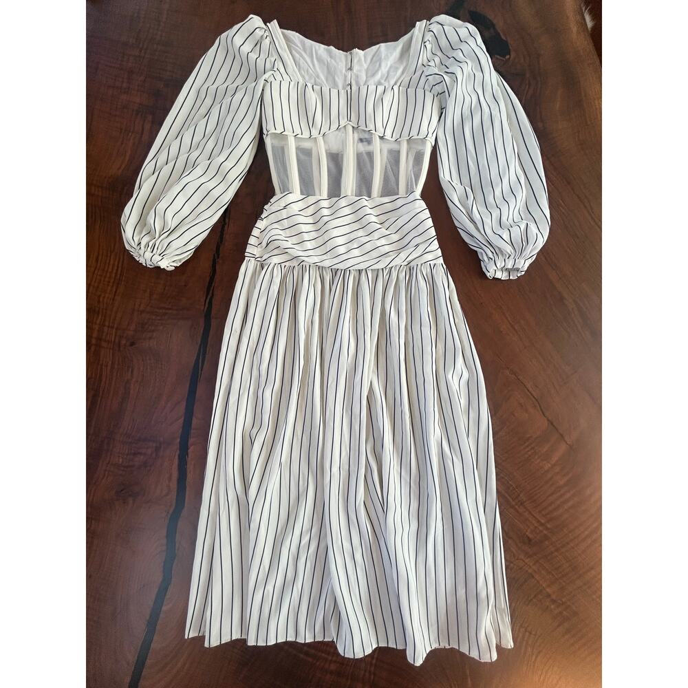 RARE Nafsika Skourti Striped Mesh Corset Dropwaist Midi Dress 4 S Avant Garde - Picture 2 of 10